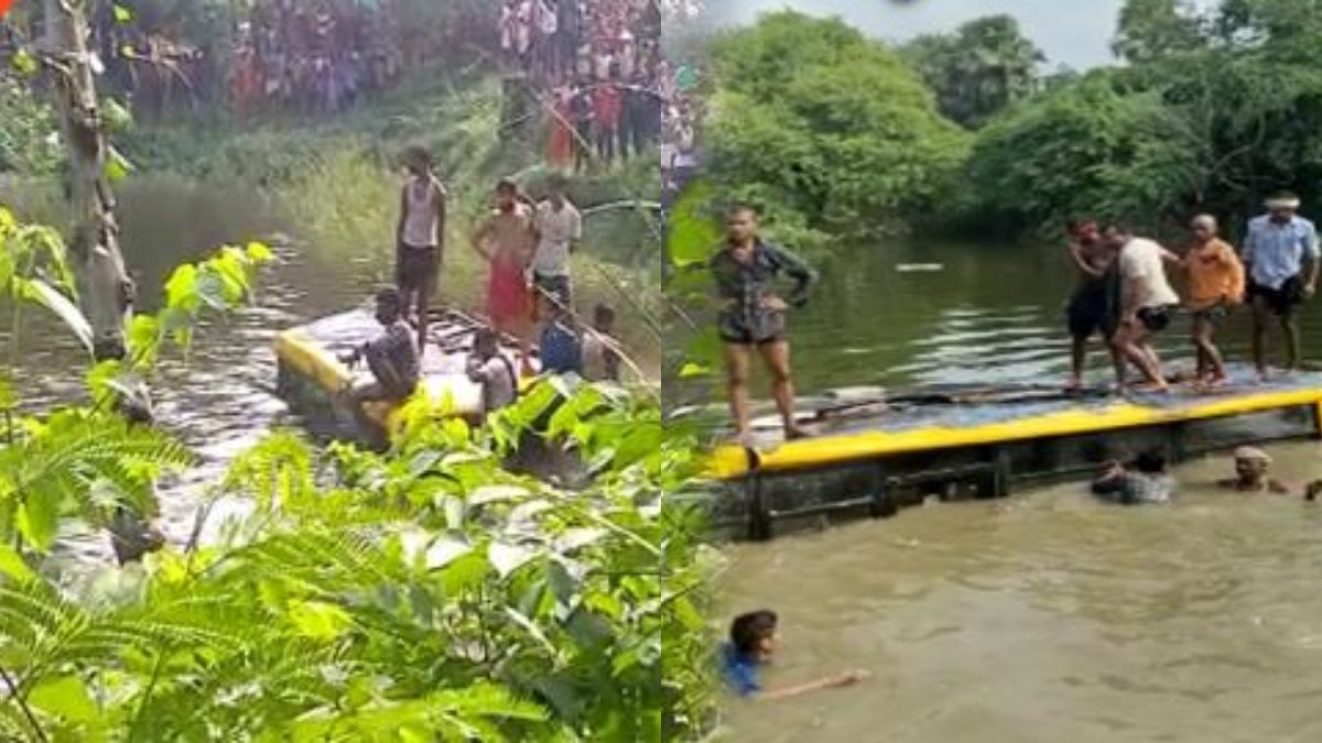 Begusarai school bus drone in water